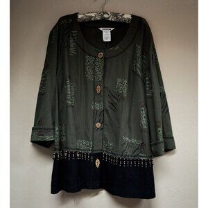 Vintage Piccolino Womans 20W Olive Printed Cardigan 3/4 Sleeve Retro Sweater USA